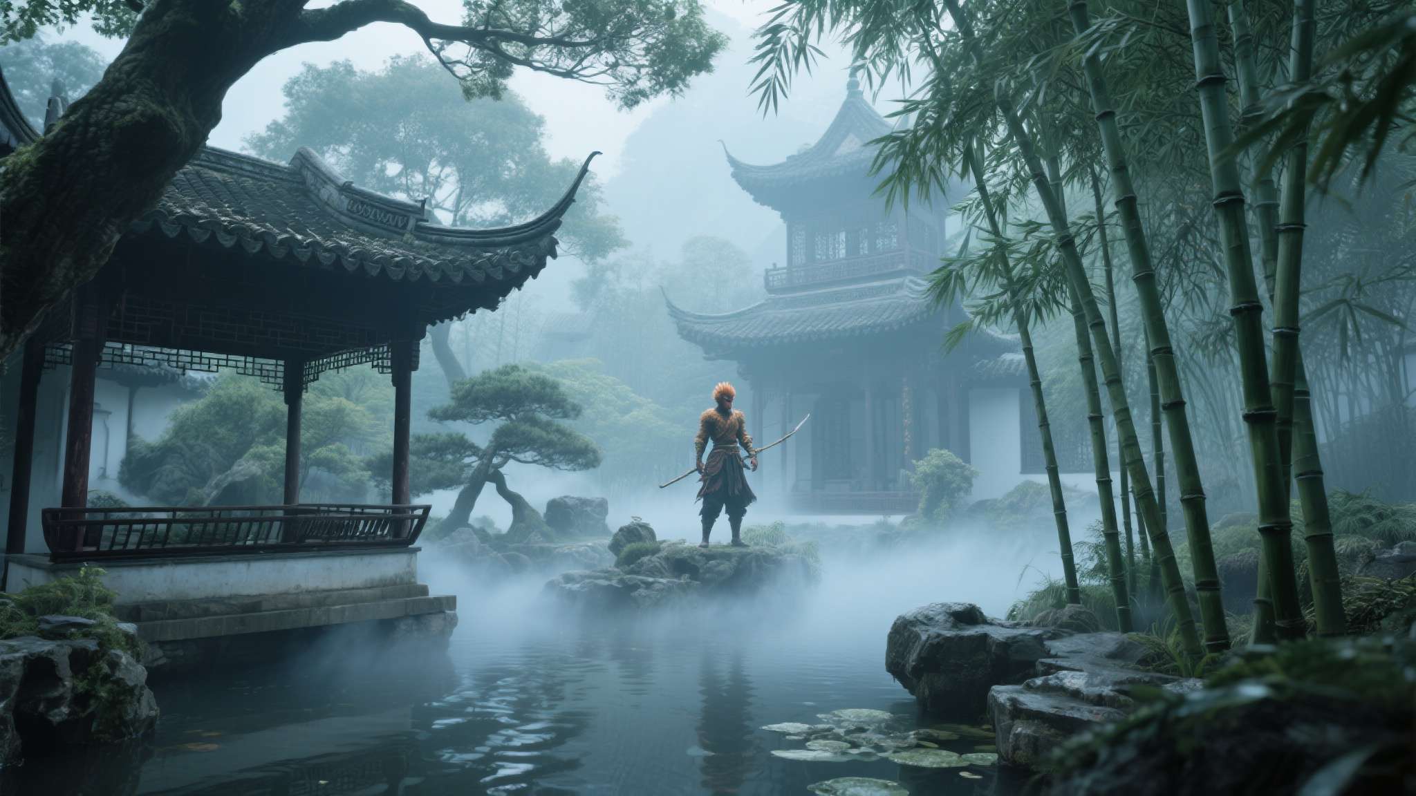 黑悟空神话5亿元3个人 场景设置方面,摄影师选取了古典园林风格的取景地,竹影婆娑、水雾氤氲,营造出一种超